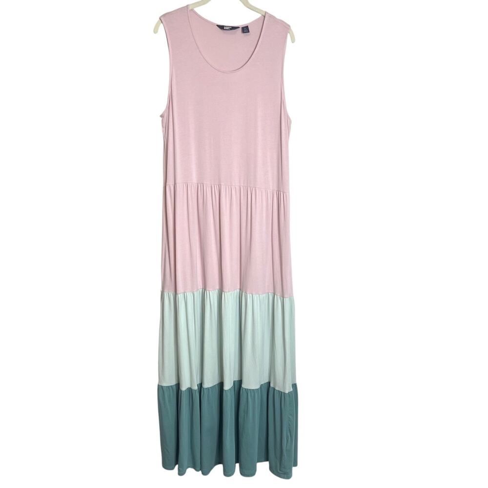 LANDS' END Sleeveless Tiered Maxi Dress Colorblock Dress Large Pink Green Teal